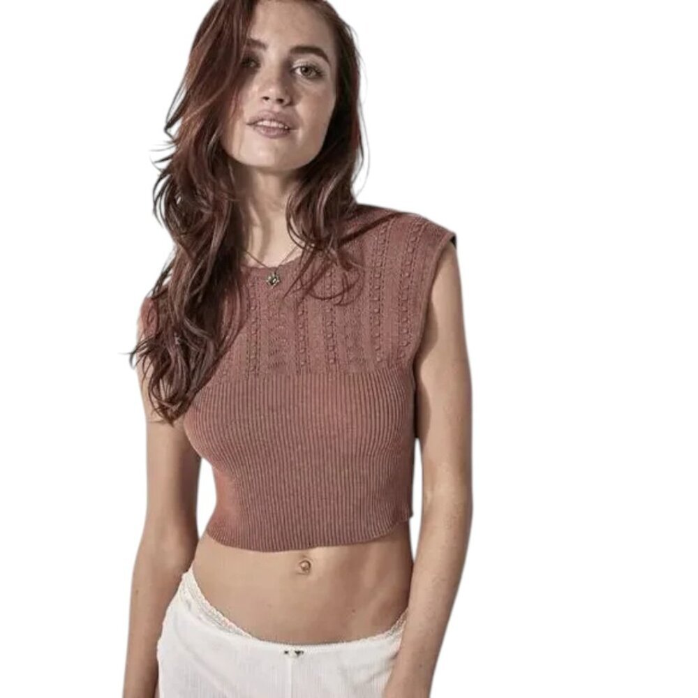 Free People Intimately Catchin Dreams Brown Cap Sleeve Knit Crop Sweater
